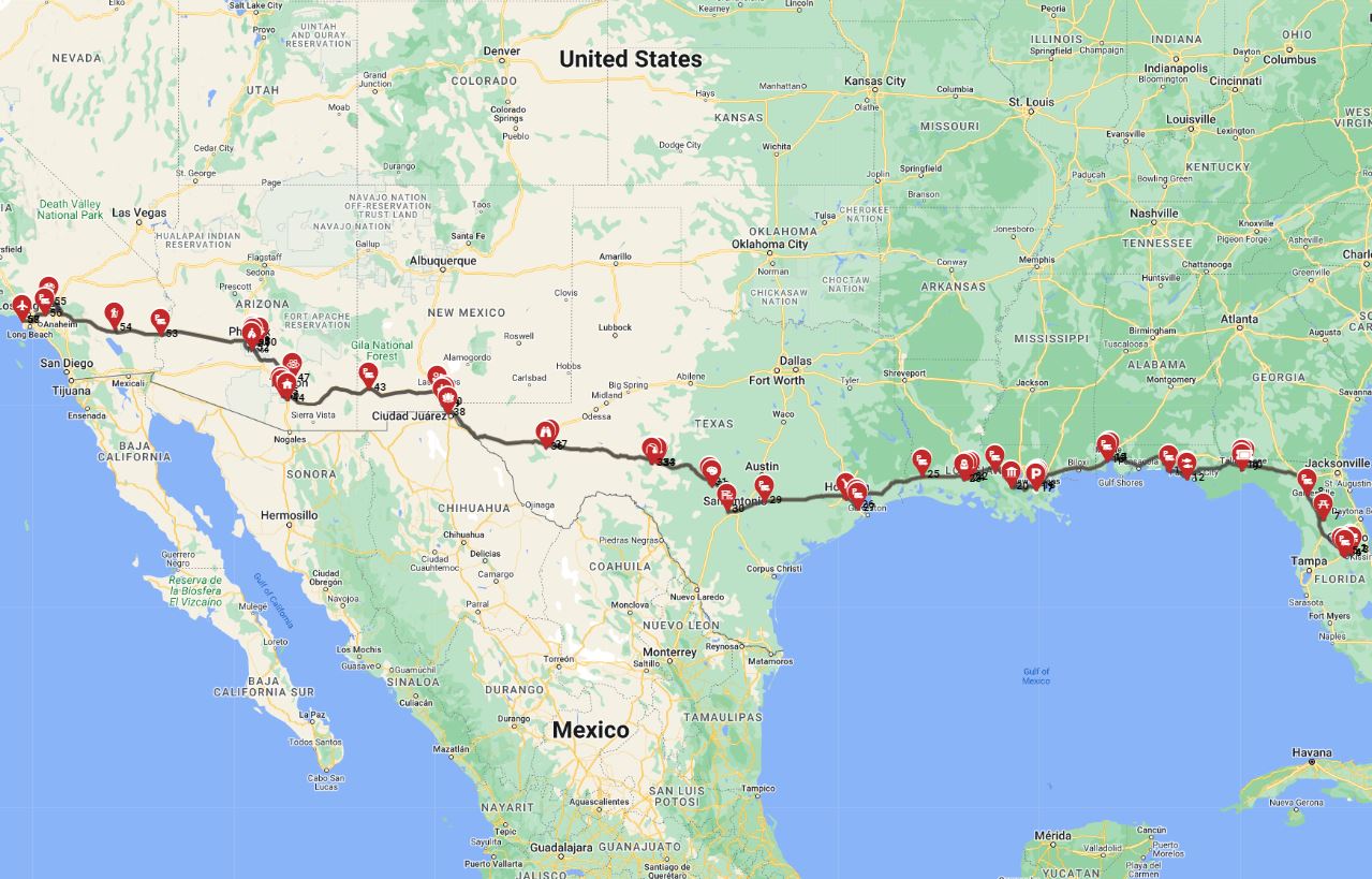 motorhome road trip route with an RV from Orlando to Los Angeles